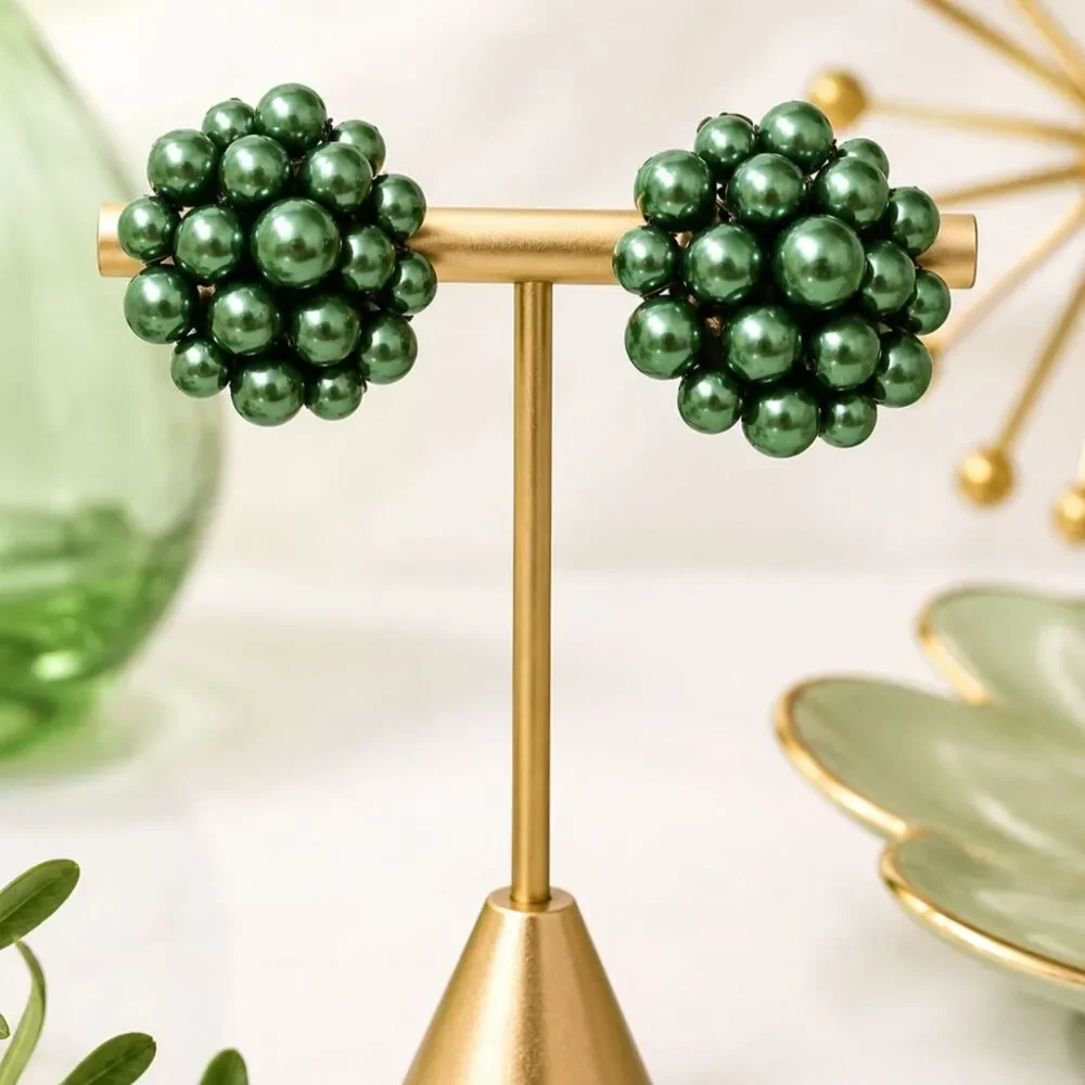Vintage Japan Green Bead Cluster Clip On Earrings Mid Century 1 Inch
